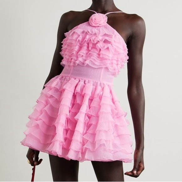NWT Staud Florian Appliqué Flower Ruffle Halter Organza Mini Dress Tulip Pink - Picture 2 of 13